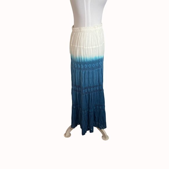 Boho Chic Broomstick Maxi Skirt By Elementz Size S Blue White Ombre Eyelet Sequi - Picture 2 of 16